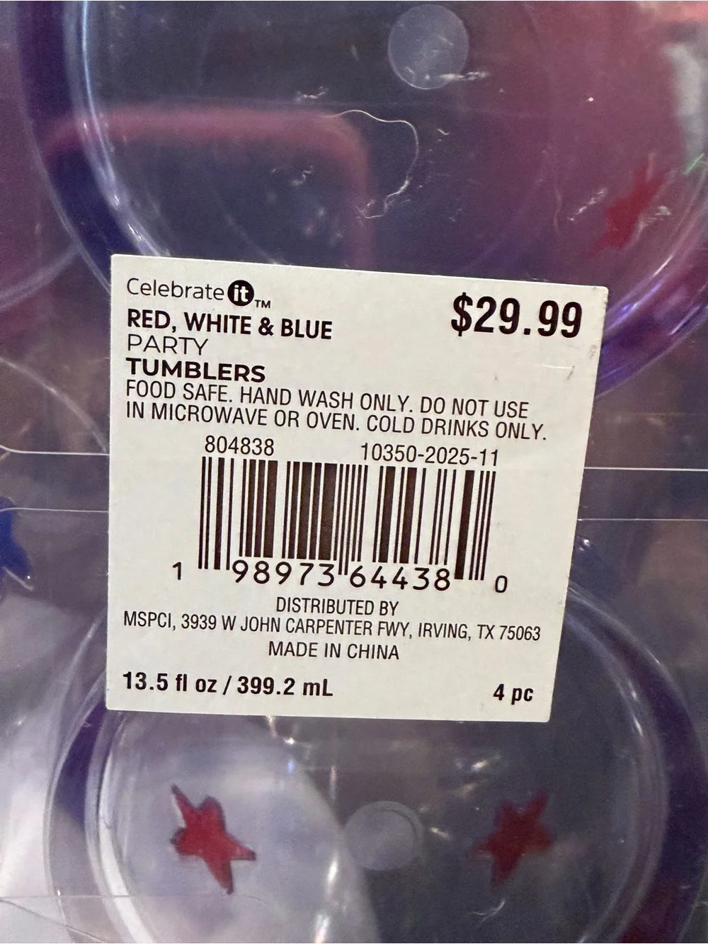 Clear Party Tumblers with Red & Blue Star Accents -